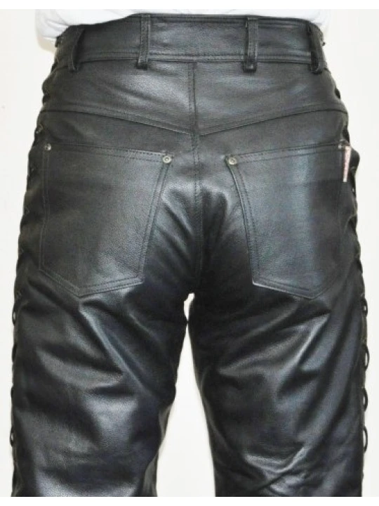 Men Side Lace-Up Real Lambskin Black Leather Jeans