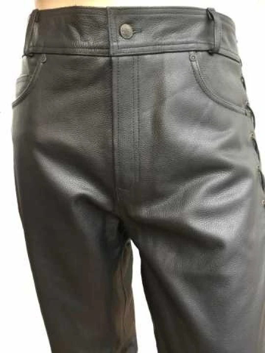 Men Side Lace-Up Real Lambskin Black Leather Jeans