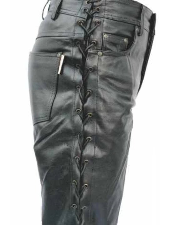 Men Side Lace-Up Real Lambskin Black Leather Jeans
