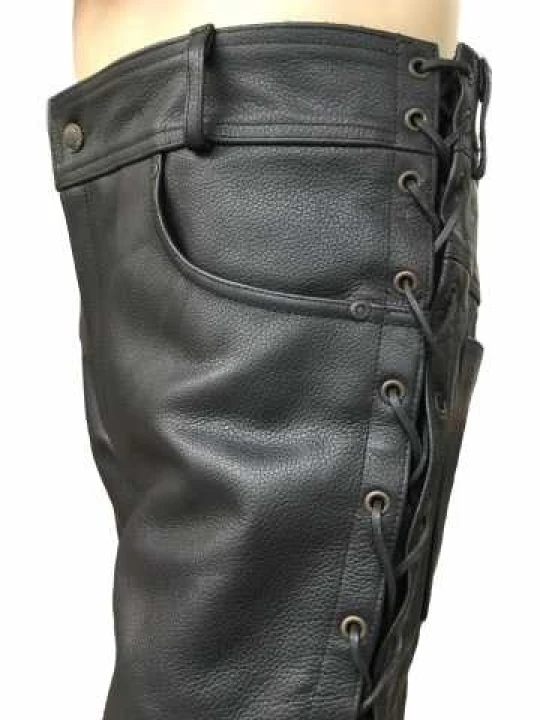 Men Side Lace-Up Real Lambskin Black Leather Jeans