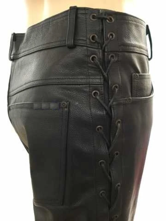 Men Side Lace-Up Real Lambskin Black Leather Jeans