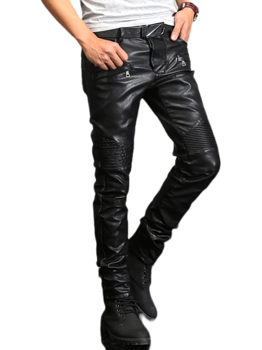 Men Smart Fashion Real Lambskin Black Leather Jeans