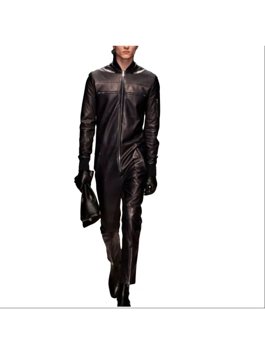 Men Bold Fashion Real Lambskin Black Leather Jumpsuit