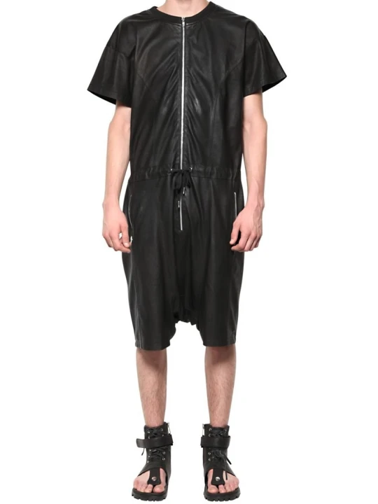 Men Casual Look Real Lambskin Black Leather Jumpsuit