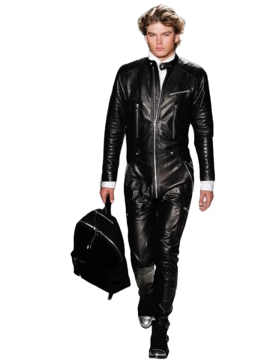 Men Pleated Sleeve Real Lambskin Black Leather Jumpsuit