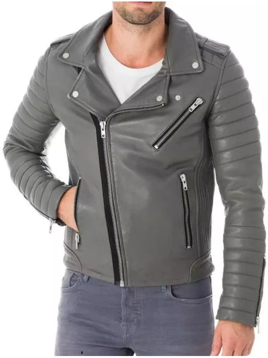 Asymmetric Grey Leather Biker Moto Jacket
