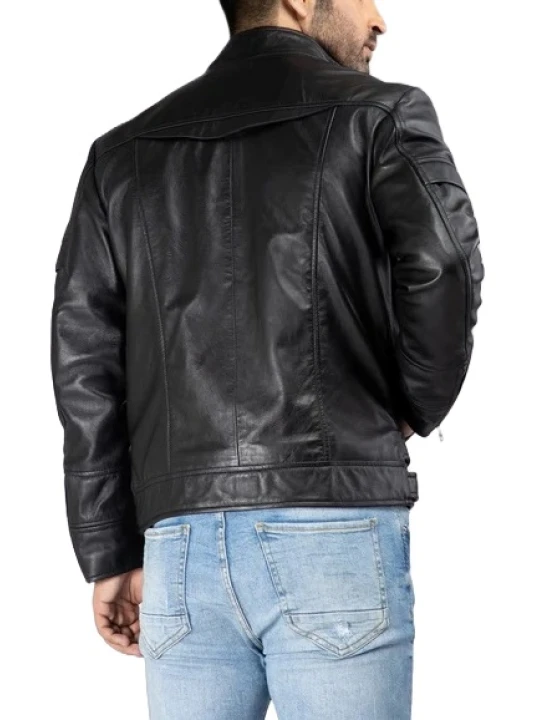 Band Collar Black Leather Biker Jacket