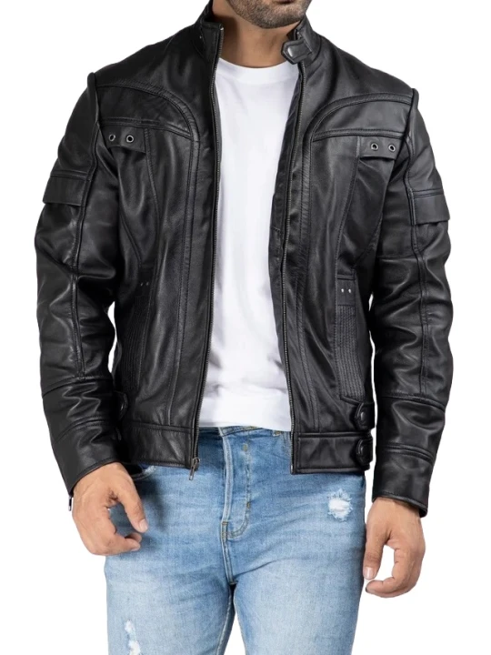 Band Collar Black Leather Biker Jacket
