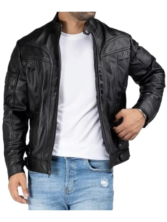 Band Collar Black Leather Biker Jacket