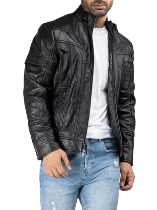 Band Collar Black Leather Biker Jacket