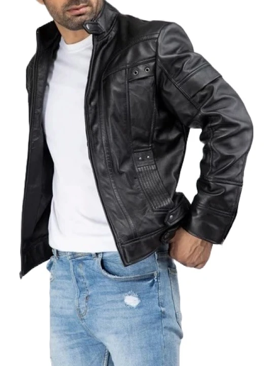 Band Collar Black Leather Biker Jacket