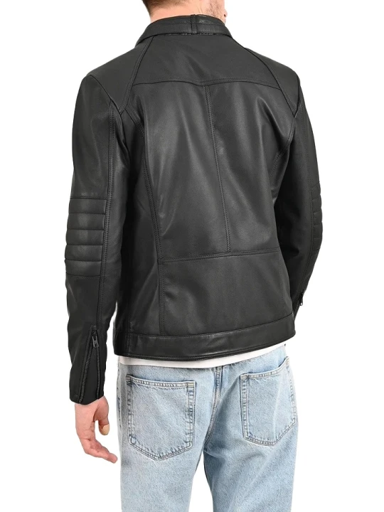 Belted Stand Up Collar Black Leather Biker Jacket