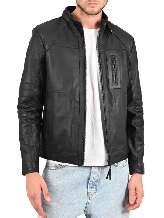 Belted Stand Up Collar Black Leather Biker Jacket