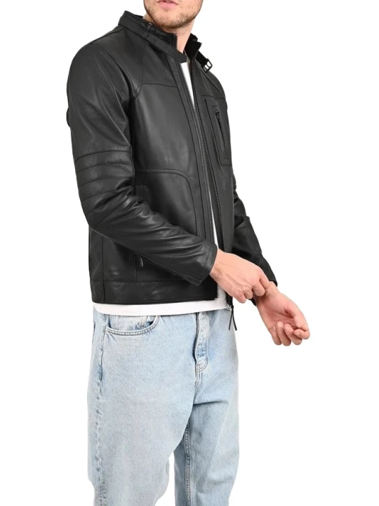 Belted Stand Up Collar Black Leather Biker Jacket