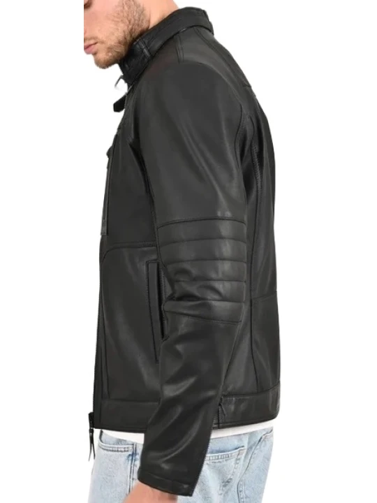Belted Stand Up Collar Black Leather Biker Jacket