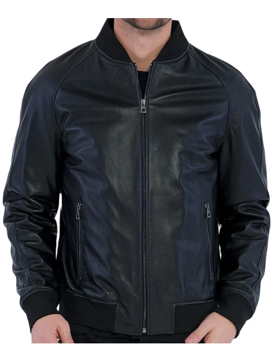 Black Bomber Leather Jacket Men