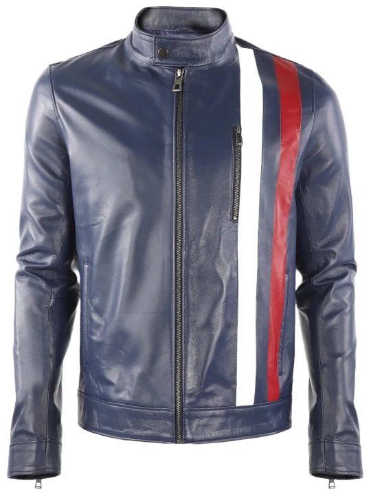 Blue Biker Leather Jacket With Stripes