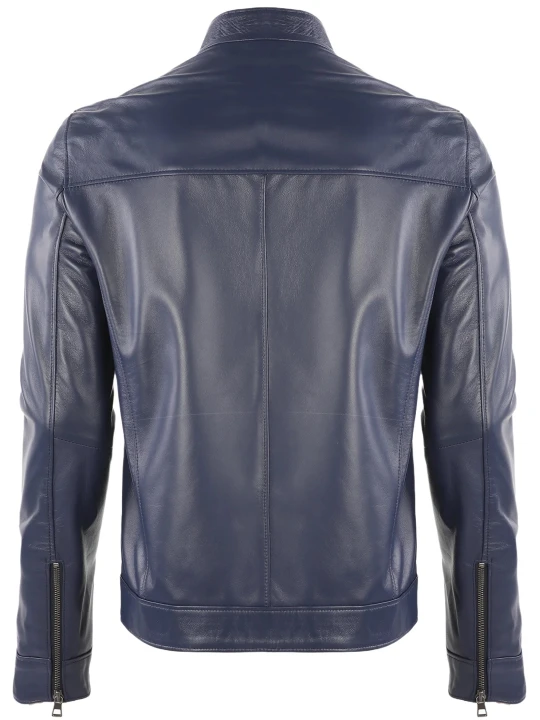 Blue Biker Leather Jacket With Stripes