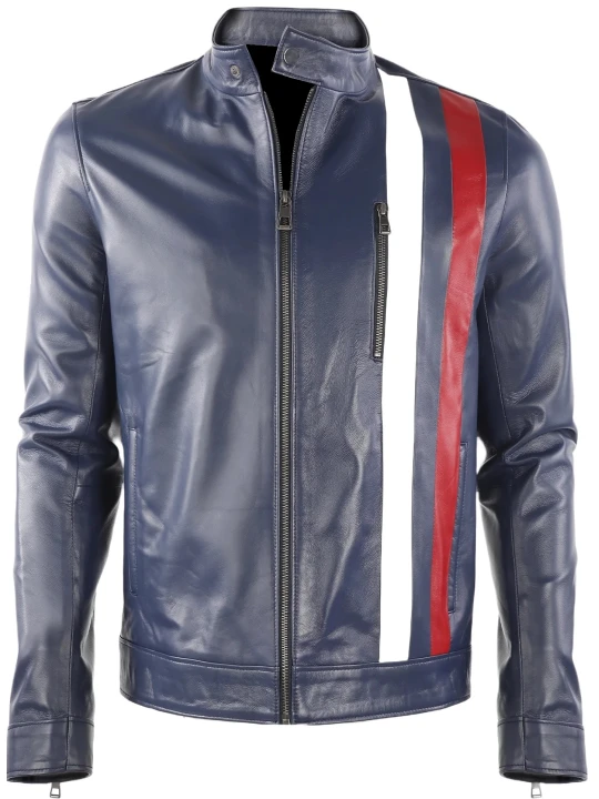 Blue Biker Leather Jacket With Stripes