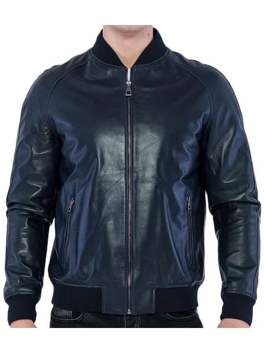 Navy Blue Bomber Leather Jacket Men