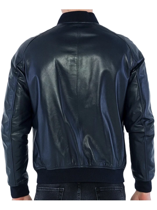 Navy Blue Bomber Leather Jacket Men