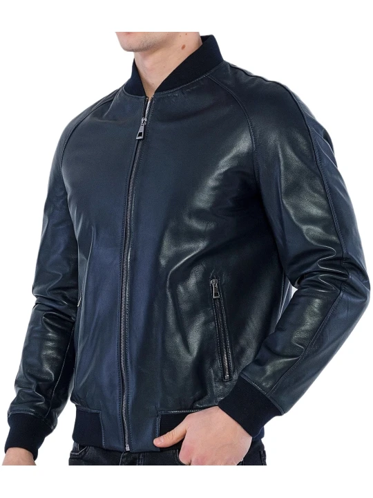 Navy Blue Bomber Leather Jacket Men