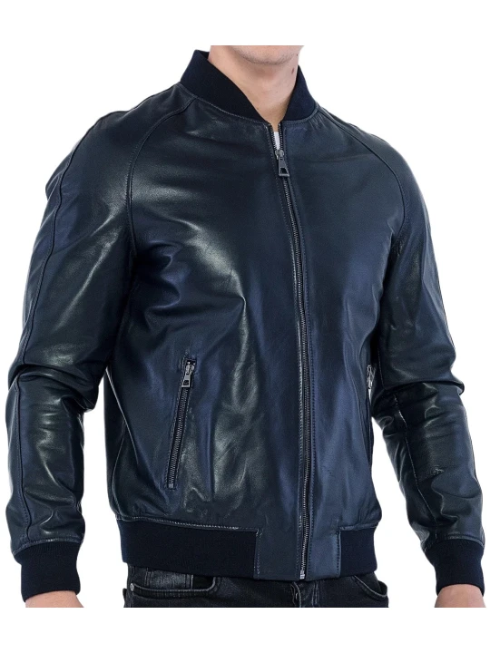 Navy Blue Bomber Leather Jacket Men