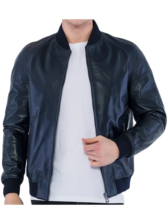 Navy Blue Bomber Leather Jacket Men