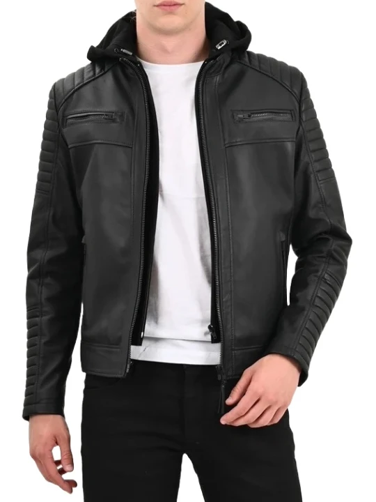 Fleece Hood Black Leather Biker Jacket