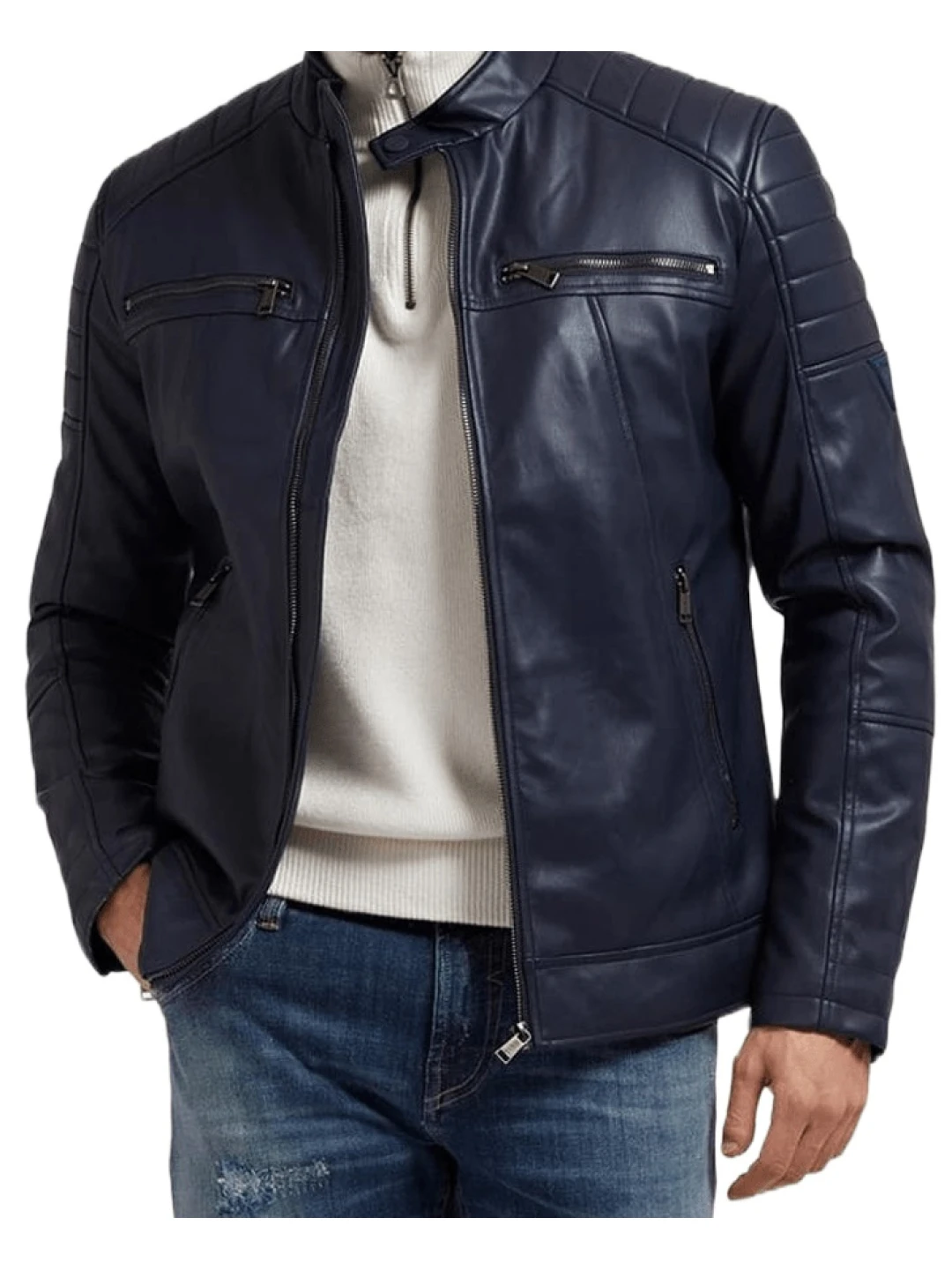 Men Classic Real Lambskin Blue Leather Motorcycle Jacket