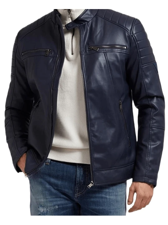 Men Classic Real Lambskin Blue Leather Motorcycle Jacket