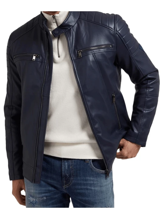 Men Classic Real Lambskin Blue Leather Motorcycle Jacket