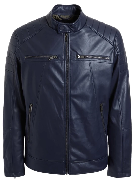 Men Classic Real Lambskin Blue Leather Motorcycle Jacket