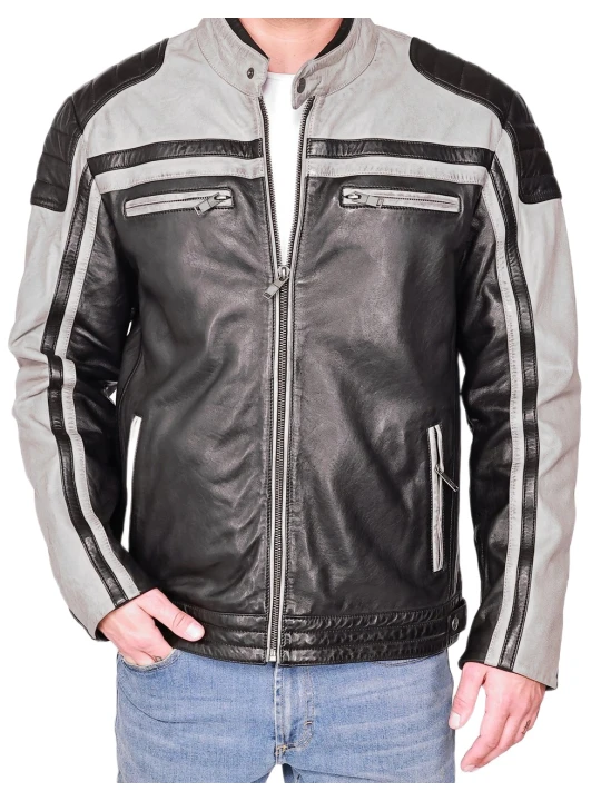 Men Elegant Real Lambskin Grey Leather Motorcycle Jacket