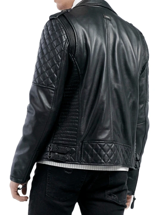 Men Quilted Real Lambskin Black Leather Biker Jacket