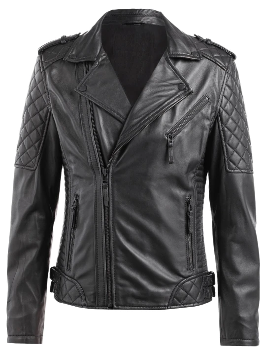 Men Quilted Real Lambskin Black Leather Biker Jacket