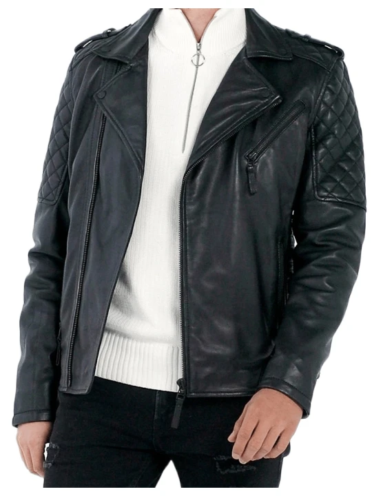 Men Quilted Real Lambskin Black Leather Biker Jacket