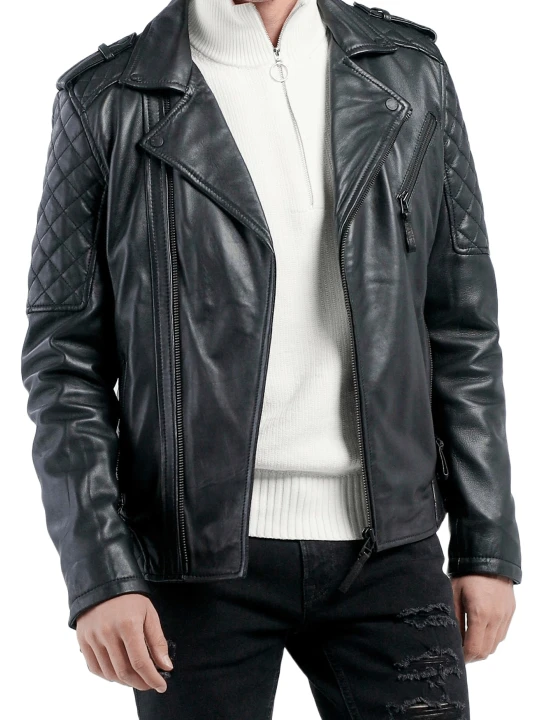 Men Quilted Real Lambskin Black Leather Biker Jacket