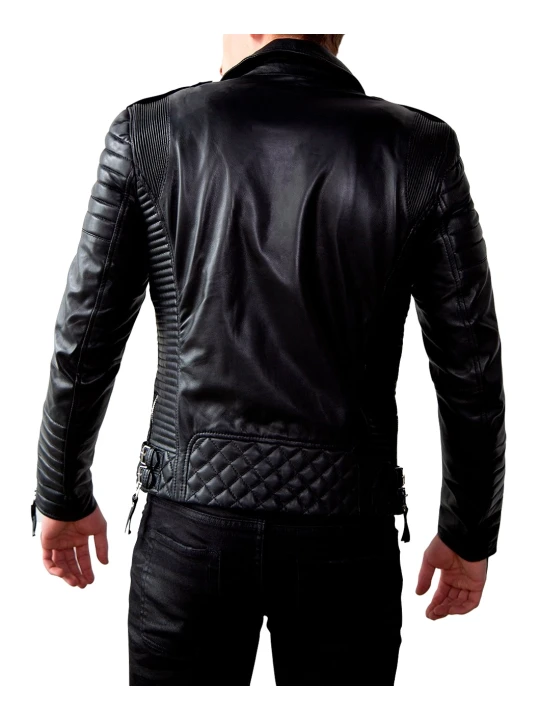 Men Quilted Real Lambskin Black Leather Motorcycle Jacket
