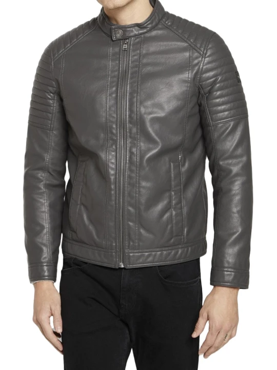 Men Quilted Shoulder Real Lambskin Grey Leather Motorcycle Jacket