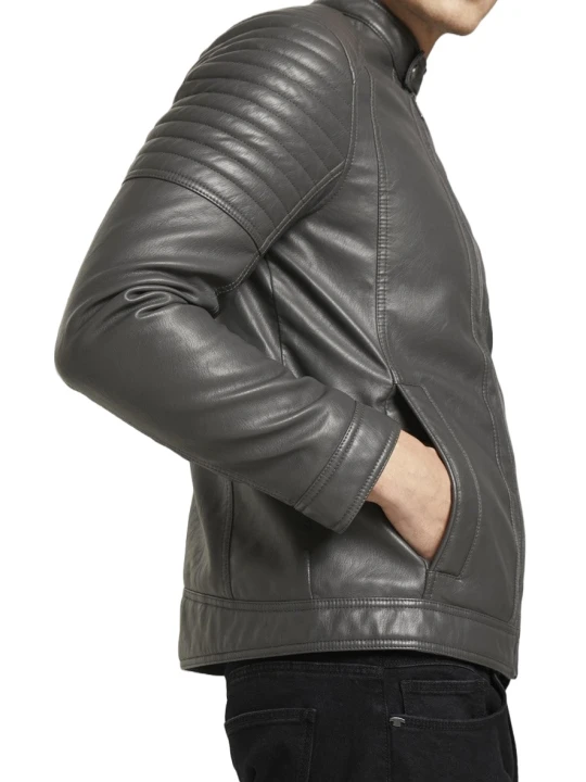 Men Quilted Shoulder Real Lambskin Grey Leather Motorcycle Jacket Men Quilted Shoulder Real Lambskin Grey Leather Motorcycle Jacket