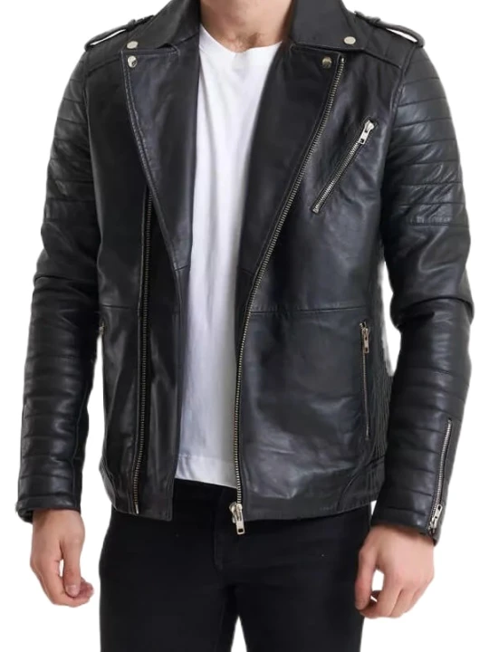 Men Quilted Sleeves Real Lambskin Black Leather Motorcycle Jacket