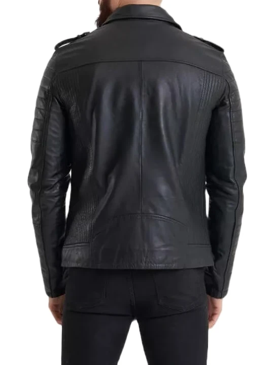 Men Quilted Sleeves Real Lambskin Black Leather Motorcycle Jacket