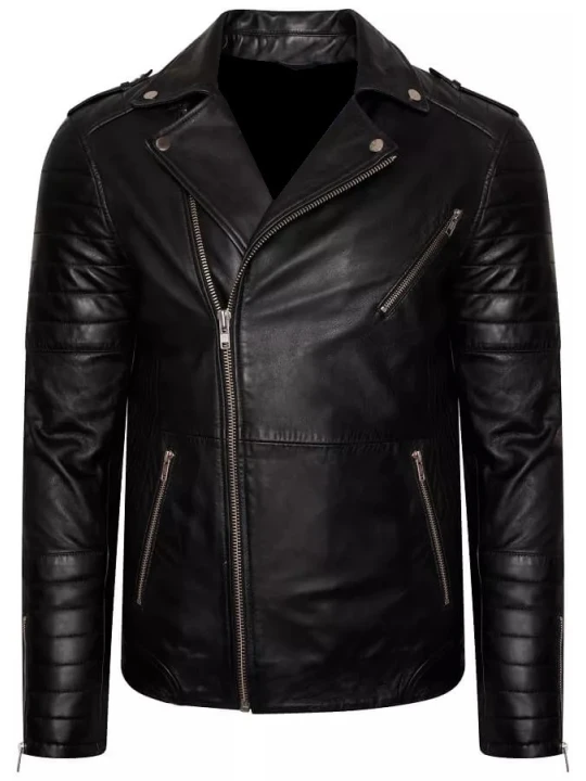 Men Quilted Sleeves Real Lambskin Black Leather Motorcycle Jacket
