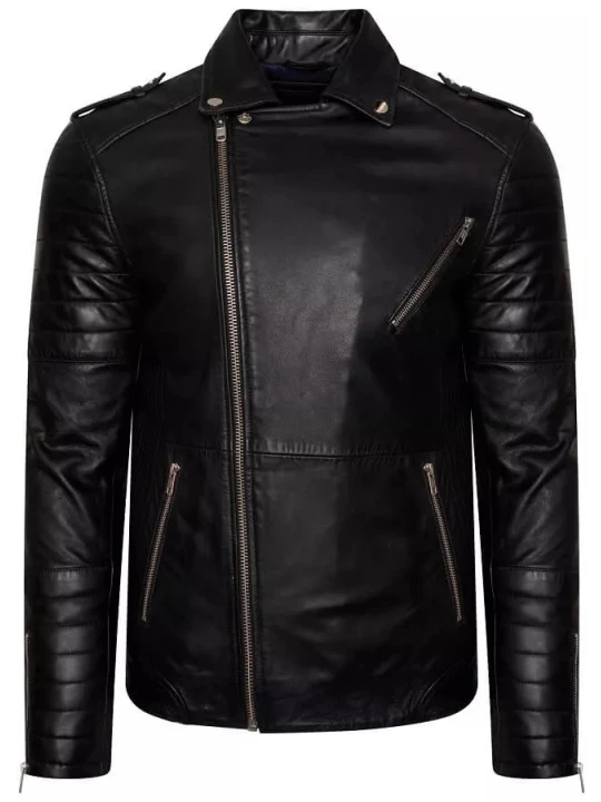 Men Quilted Sleeves Real Lambskin Black Leather Motorcycle Jacket