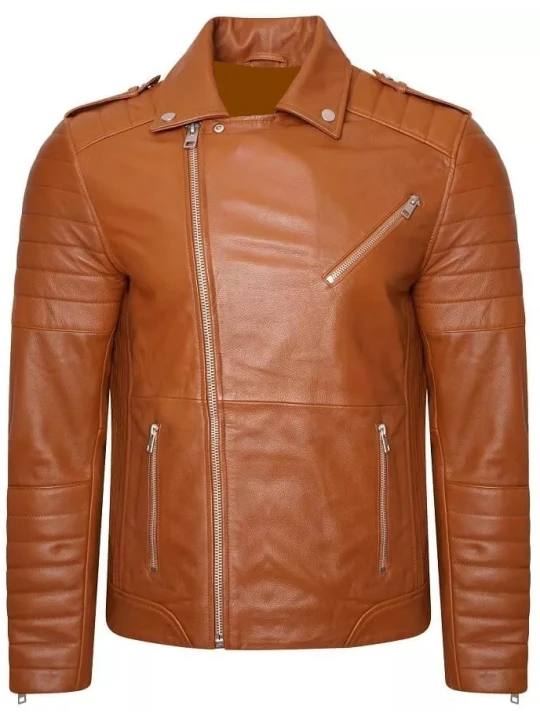 Men Quilted Sleeves Real Lambskin Brown Leather Motorcycle Jacket