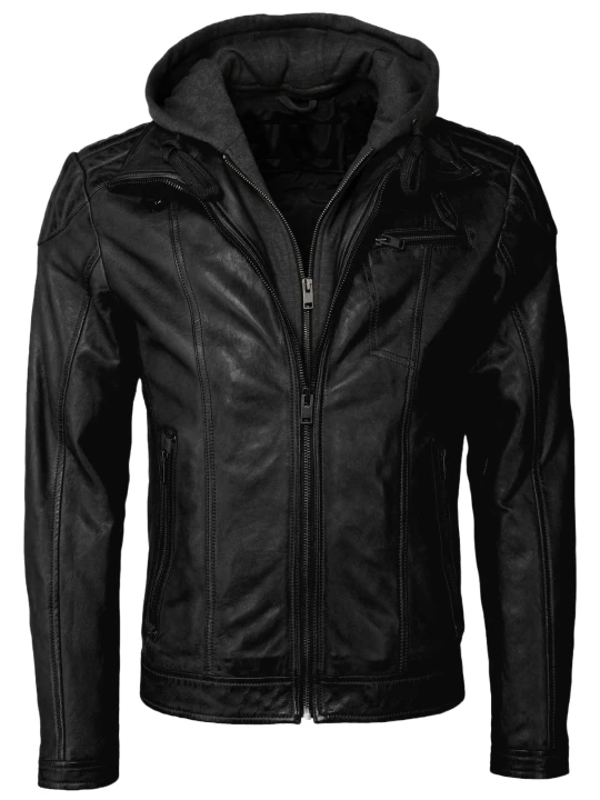 Men Smart Hooded Real Lambskin Black Leather Motorcycle Jacket
