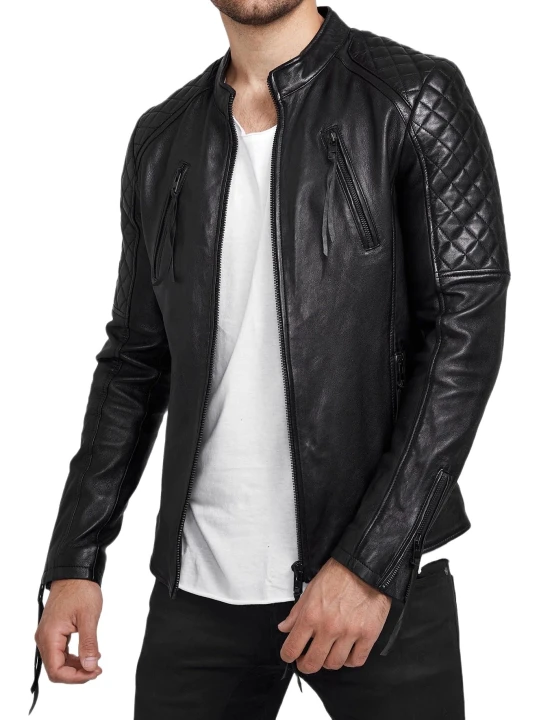 Men Solid Black Leather Jacket