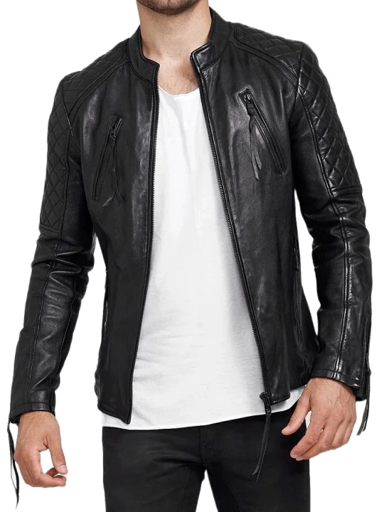 Men Solid Black Leather Jacket