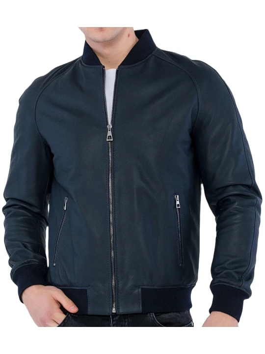 Navy Blue Bomber Leather Jacket Men